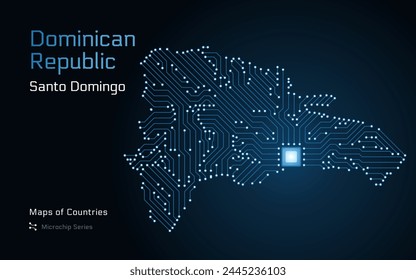 República Dominicana Mapa con la capital de Santo Domingo Mostrado en un Patrón de Microchip con procesador. Gobierno electrónico. Mapas de Vector de Países Mundiales. Serie de microchips	