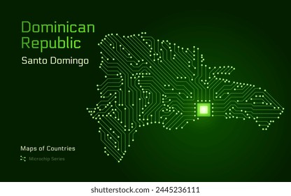 Dominican Republic Map with a capital of Santo Domingo Shown in a Microchip Pattern with processor. E-government. World Countries vector maps. Microchip Series	