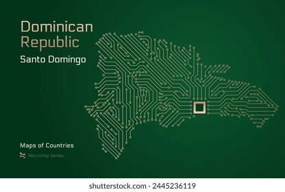 Dominican Republic Map with a capital of Santo Domingo Shown in a Microchip Pattern with processor. E-government. World Countries vector maps. Microchip Series	