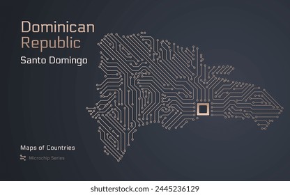 Dominican Republic Map with a capital of Santo Domingo Shown in a Microchip Pattern with processor. E-government. World Countries vector maps. Microchip Series	