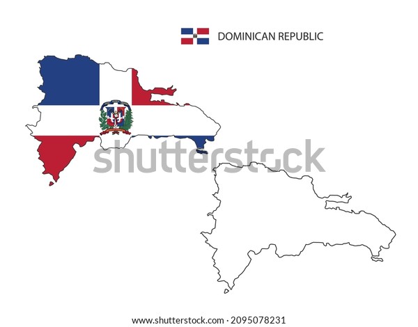 Dominican\
Republic map city vector divided by outline simplicity style. Have\
2 versions, black thin line version and color of country flag\
version. Both map were on the white\
background.