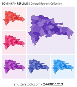 Dominican Republic map collection. Country shape with colored regions. Deep Purple, Red, Pink, Purple, Indigo, Blue color palettes. Border of Dominican Republic with provinces for your infographic.