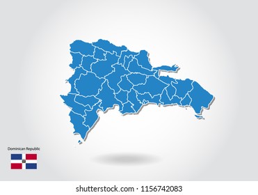 Dominican Republic map design with 3D style. Blue Dominican Republic map and National flag. Simple vector map with contour, shape, outline, on white.