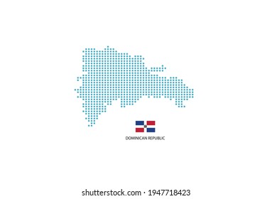 Dominican Republic map design blue circle, white background with Dominican Republic flag. 