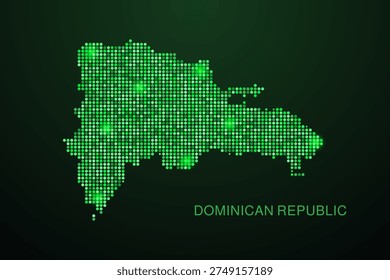 Dominican Republic Map - Digital dotted map with glowing green points on dark background, modern technology style, abstract data network design, clean minimal geometric vector illustration.