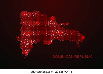 Dominican Republic Map - Digital dotted map with glowing red points on dark background, modern technology style, abstract data network design, clean minimal vector illustration.