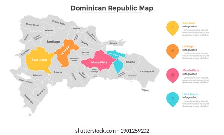 Mapa de República Dominicana dividido en estados federales. Territorio de país con fronteras regionales. División administrativa. Plantilla de diseño infográfico. Ilustración vectorial para guía turística, pancarta.