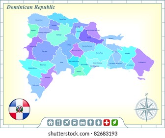 Dominican Republic Map with Flag Buttons and Assistance & Activates Icons Original Illustration