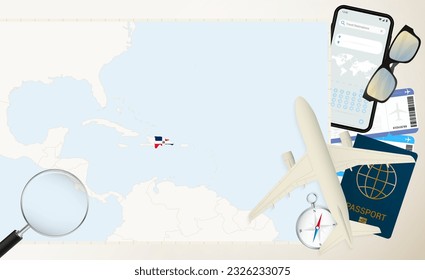 Dominican Republic map and flag, cargo plane on the detailed map of Dominican Republic with flag, passport, magnifying glass and airplane. Vector template.