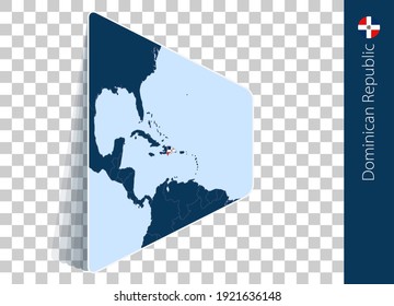Dominican Republic map and flag on transparent background. Highlighted Dominican Republic on blue vector map.