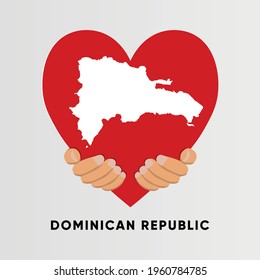 Dominican Republic Map in heart shape hold by hands vector illustration design