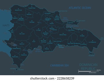 Dominican Republic map. High detailed map of Dominican Republic with countries, borders, cities, water objects. Vector illustration eps10.