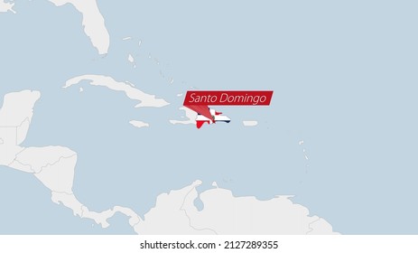 Dominican Republic map highlighted in Dominican Republic flag colors and pin of country capital Santo Domingo, map with neighboring American countries.