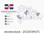 Dominican Republic map infographic elements with flag of city. Separate of heading is total areas, Currency, Language and the capital city in this country.