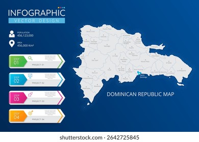 Mapa da República Dominicana com marcas de localização. Mapa de país altamente detalhado com divisão, cidades e capital modelo infográfico. Ilustração vetorial EPS10