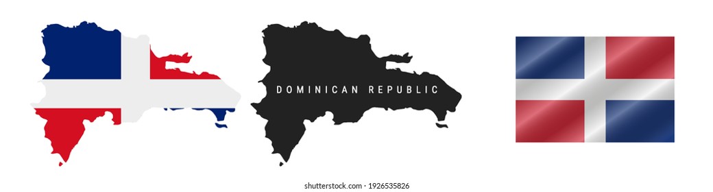 República Dominicana. Mapa con bandera enmascarada. Silhouette detallada. Bandera ondeando. Ilustración vectorial aislada en blanco.