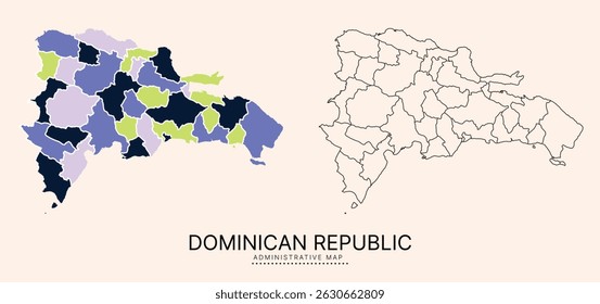 República Dominicana Mapa com distritos administrativos separados por multicores, camadas separadas editáveis, zonas e bordas. Mapa para apresentação. Ilustração vetorial