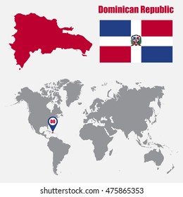 Dominican Republic map on a world map with flag and map pointer. Vector illustration