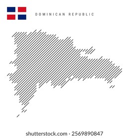 Dominican Republic map from pattern of black slanted parallel lines. Map with gray diagonal lines. Silhouette of a country made of oblique hatching. Vector illustration isolated on white.