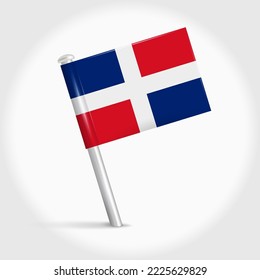 Dominican Republic map pin flag icon. Republica Dominicana pennant map marker on a metal needle. 3D realistic vector illustration.