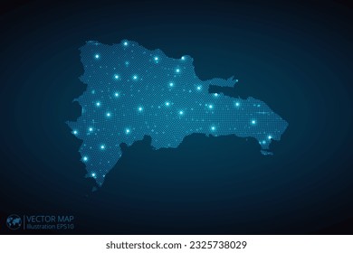 Dominican Republic map radial dotted pattern in futuristic style, design blue circle glowing outline made of stars. concept of communication on dark blue background. Vector EPS10