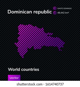 Dominican Republic map. Stylized vector flat Dominican Republic map texture in black and violet colors on striped background