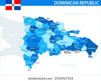 Dominican Republic Map Vector Blue Spot - Customizable layered political map of Dominican Republic with administrative divisions for website, education, reports, news, politics, print, poster