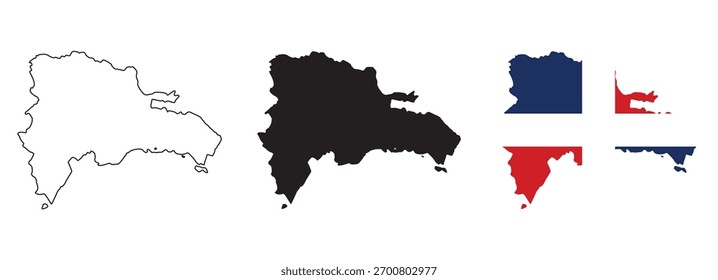 República Dominicana mapa vetor com contorno editável do país, silhueta preta e bandeira nacional mostrando blocos brancos vermelhos azuis e brasão de armas para geografia, educação, viagens e região do Caribe
