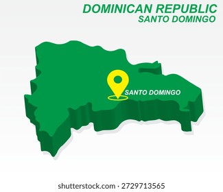 Dominican Republic Map Vector, Santo Domingo Capital Marker on Green 3D Country Shape, Dominican Republic Infographic Design, Editable Destination Pointer Dominican Republic Geography