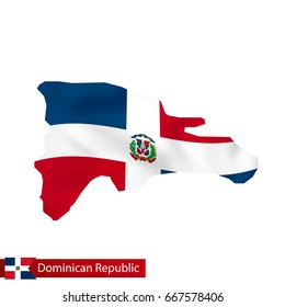 Dominican Republic map with waving flag of country. Vector illustration.