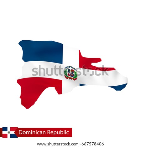 Dominican Republic map with waving flag of country. Vector illustration.