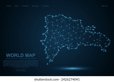 Mapa de República Dominicana - Mapa Mundial de la línea de masa y escalas de puntos sobre fondo azul de la tecnología. Línea de red poligonal de malla 3D de marco de alambre, esfera de diseño, punto y estructura - Ilustración vectorial eps 10