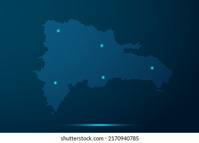 Karte der Dominikanischen Republik - Weltkarte, Vektorvorlage mit Punkten, Raster, Grunge, Stil und Licht, Netzwerk-Linie, Designsphäre auf blauem Hintergrund - Vektorgrafik eps10
