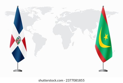 Dominican Republic and Mauritania flags for official meeting against background of world map.