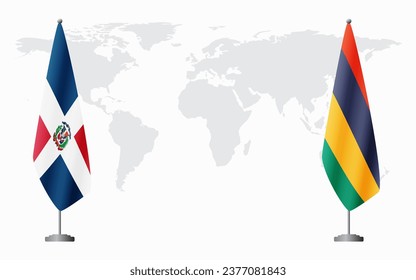 Dominican Republic and Mauritius flags for official meeting against background of world map.