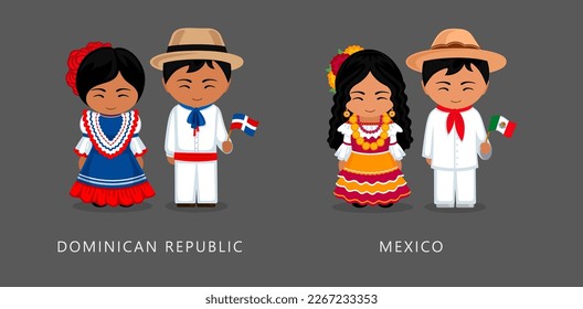 Dominican Republic, Mexico ethnic costume. Woman wearing traditional dress, man with national flag. Latin American couple. Vector flat illustration.