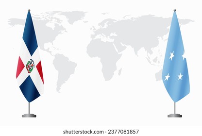 Dominican Republic and Micronesia flags for official meeting against background of world map.