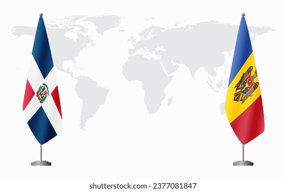 Dominican Republic and Moldova flags for official meeting against background of world map.