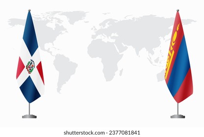 Dominican Republic and Mongolia flags for official meeting against background of world map.