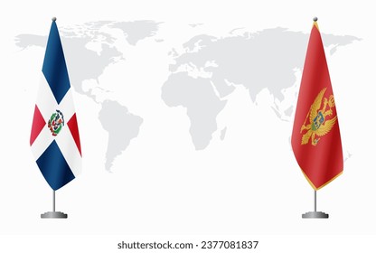 Dominican Republic and Montenegro flags for official meeting against background of world map.