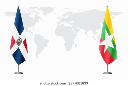 Dominican Republic and Myanmar flags for official meeting against background of world map.