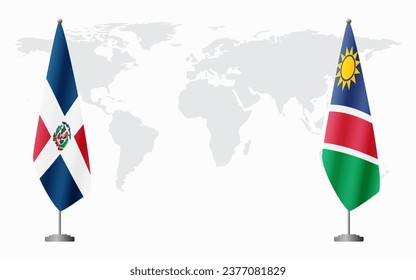 Dominican Republic and Namibia flags for official meeting against background of world map.