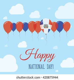 Dominican Republic National Day Flat Patriotic Poster. Row of Balloons in Colors of the Dominican flag. Happy National Day Dominican Republic Card with Flags, Balloons, Clouds and Sky.