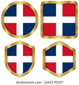 Dominican Republic National Flag Collection Set of Circular, Square, Shield, Hexagon Gold Border Logo Button Icon Vector Design Isolated on White Background