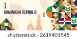 Dominican Republic national vector banner featuring the flag, dotted map, landmarks, and geometric pattern design