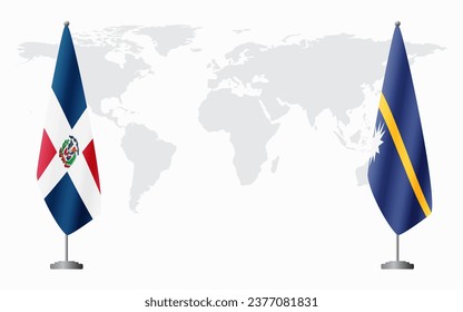 Dominican Republic and Nauru flags for official meeting against background of world map.