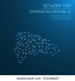 Dominican Republic network map. Abstract polygonal Dominican Republic network map design with glowing dots and lines. Map of Dominican Republic networks. Vector illustration.