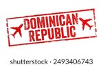 Dominican Republic is a North American country on the island of Hispaniola in the Greater Antilles archipelago of the Caribbean Sea, text emblem stamp with airplane