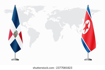 Dominican Republic and North Korea flags for official meeting against background of world map.