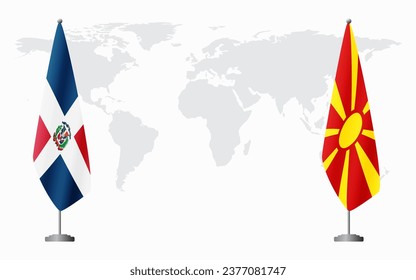 Dominican Republic and Northern Macedonia flags for official meeting against background of world map.